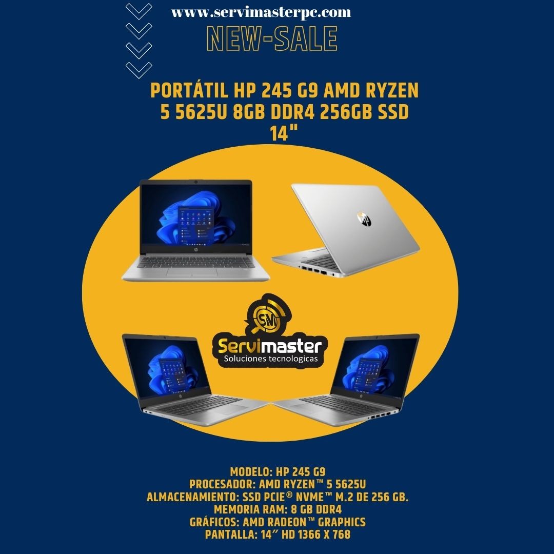 Modelo: HP 245 G9 amd. Procesador: AMD Ryzen™ 5 5625U Disco Almacenamiento: SSD PCIe® NVMe™ M.2 de 256 GB. ram. Memoria RAM: 8 GB DDR4 gráfica Gráficos: AMD Radeon™ Graphics pantalla. Pantalla: 14″ HD